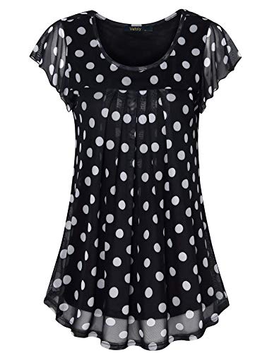 Vafoly Schwarze Bluse für Frauen, Damen Elegante Sommeroberteile Flatterärmeloberteile Lässige, lose A-Linien-Tunikaoberteile für Rock Mesh Layered Tops Schwarzer Tupfen Medium von Vafoly