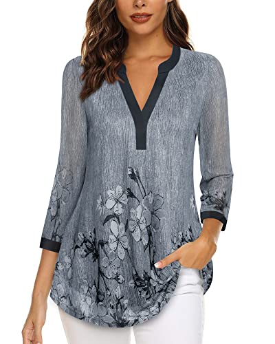 Vafoly Arbeitsblusen für Damen 3/4 Ärmel Tuniken für Damen Business Casual Dressy Tops V-Ausschnitt Lange Blumen Lockere Passform Herbst Bürokleidung High Low Sheer Grau Blau XL von Vafoly