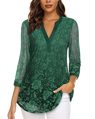 Vafoly Blusen für Frauen Business Casual 3/4 Ärmel Damen Tuniken Tops zu Tragen mit Leggings Frauen Kleidung Shirts Henley V-Ausschnitt Bluse Arbeit Büro Kleidung Multicolor Grün XL von Vafoly