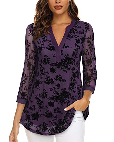 Vafoly Blusen für Frauen Elegant Business Casual 3/4 Ärmel Tunika Tops für Frauen Sommer Lila Dressy Tunika für Leggings Damen Henley V Ausschnitt Büro Arbeit Tunika Top Beflockte Violett Blumen M von Vafoly