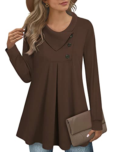Vafoly Braun Pullover Sweatshirt für Damen Button Down Dressy Blusen fließender A-Linie Swing Pullover Loose Fit Flowy Comfy Blusen für Business-Freizeitkleidung Solide Dunkel Braun XXL von Vafoly