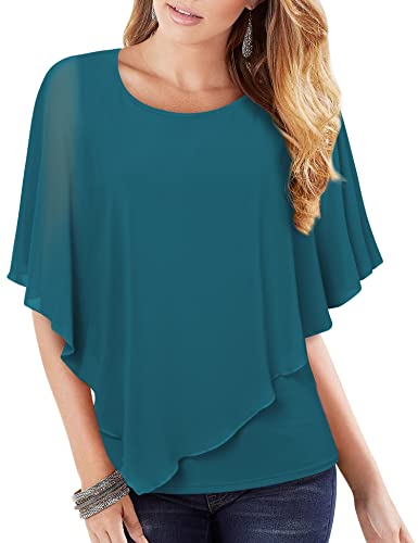 Vafoly Chiffon Elegant Damen Blusen Sommer Kurzarm Dressy Tops Business Casual Tunika Rundhals-Shirts für Weiblich Doppellagig Leicht Poncho Oberteile Mode Büro Tunika für Leggings Dunkler Cyan XL von Vafoly