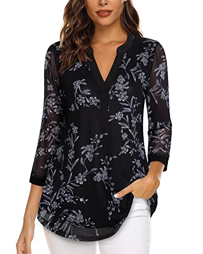 Vafoly Damen 3/4 Ärmel Tops und Blusen Frauen V-Ausschnitt Arbeitshemden Damen Tunika Tops Mode 2022 lockere Passform Elegante Lange Oberteile zum Tragen mit Leggings Multicolor Schwarz groß von Vafoly