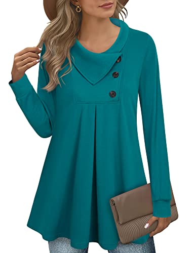 Vafoly Damen Bluse-Pullover mit Langen Ärmeln Button-Down-Swing Hübsches Weihnachts-Sweatshirt Lustiger Ausgestellter Warmer Baumwollpullover Herbst Winter Farbblock Cowl Neck Dunkel Cyan XXL von Vafoly