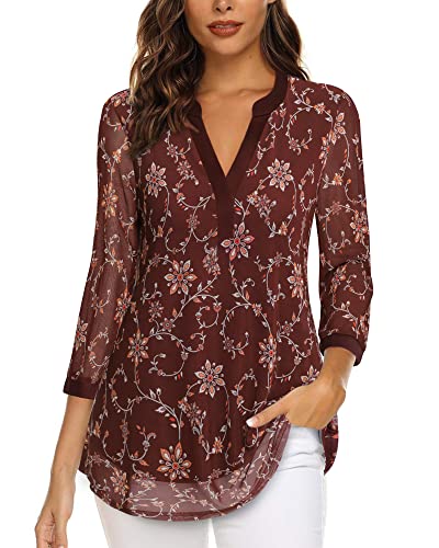 Vafoly Damen Bluse Tunika 3/4 Ärmel Arbeitskleidung für Frauen Büro Damen Tuniken zu Tragen mit Leggings Weiblich Henley V-Ausschnitt Oberteile Business Casual Bluse Dunkelrot Blumen XXL von Vafoly