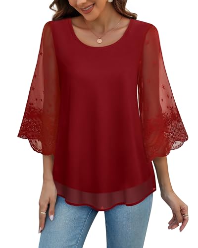 VAFOLY Damen Blusen Glockenärmel Doppellagig Casual Rundhals Bestickt Elegant Chiffon Tunika Top, Rote Dahlia, Groß von VAFOLY