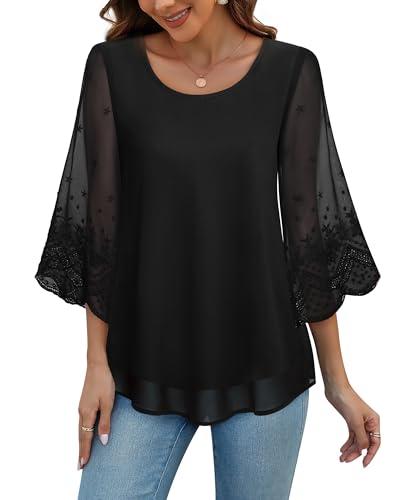 VAFOLY Damen Blusen Glockenärmel Doppellagig Casual Rundhals Bestickt Elegant Chiffon Tunika Top, Schwarz, Groß von VAFOLY