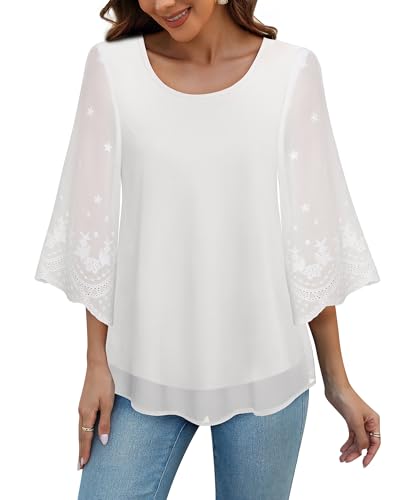 VAFOLY Damen Blusen Glockenärmel Doppellagig Casual Rundhals Bestickt Elegant Chiffon Tunika Top, Weiss/opulenter Garten, X-Groß von VAFOLY