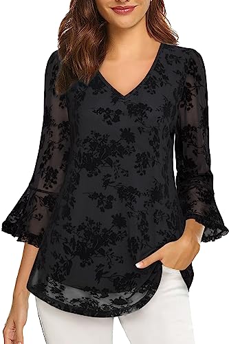 Vafoly Damen Blusen Tunika 3/4 Ärmel Blusen für Damen Büro Tunika Blusen mit Leggings zu Tragen V-Ausschnitt Lightweight Layered Tuniken für Frühling Tunika Beflockte Schwarze Blumen M von Vafoly