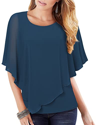 Vafoly Damen Fledermaus Batwing Chiffon Bluse Tunika Frauen Kurzarm Rundkragen Sommer Poncho Tunika Casual Elegant Loose Fit Oberteile für Party Abend Mode Büro Tunika für Leggings Blau M von Vafoly