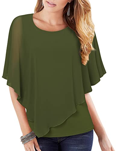 Vafoly Damen Chiffon Lose Fledermaus Bluse mit Kurzen Flatter ärmel Leichte Fließende Bluse Rundhalsausschnitt Doppellagige Poncho Tuniken 2023 Moosgrün L von Vafoly