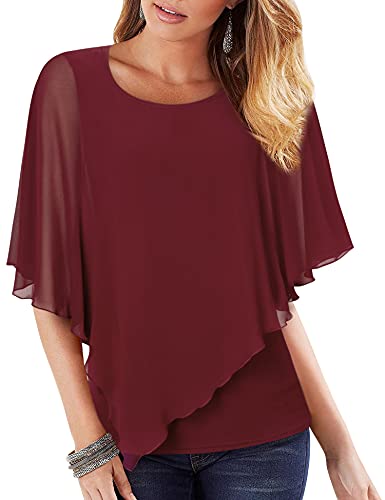 Vafoly Damen Chiffon Lose Fledermaus Kurz Flatter ärmel Bluse Oberteile Mode 2022 Arbeit Lässige Doppellagig Leicht Poncho Cape Schal Damen Swing Lose Tunika Shirt Weinrot XXL von Vafoly