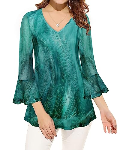 Vafoly Damen Elegant Bluse 3/4 Ärmel Fashion Formal Festlich Bluse V Ausschnitt Oberteill mit TrompetenÄrmeln Elastisch Atmungsaktiv Trendy Herbst Tunika 2023 Malachit Grün XXL von Vafoly