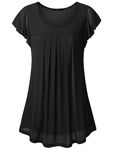 Vafoly Damen Falten Kurzarm Blusen Rundhals T-Shirt Damen Rüschenärmel Stretch Tunic Top Mesh Sommer Basic Oberteil Schwarz M von Vafoly