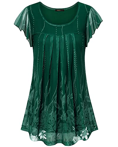 Vafoly Damen Kurzarm Tuniken Leichte Sommerblusen Damen Elegant Festlich Blumen Falten Tunika mit Ruschenarmeln Rundhals Doppellagig Plissee Front Schichten Shirt für Frauen Tunika Multicolor Grün M von Vafoly
