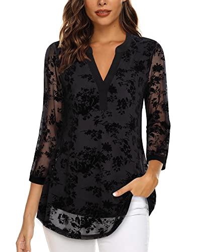 Vafoly Damen Oberteile und Blusen 3/4 Arm Damen Elegant Business Casual Tops Professionelle Arbeit Hemden für Frauen Büro V-Ausschnitt Mesh Langarm Bluse Beflockte Schwarze Blumen M von Vafoly