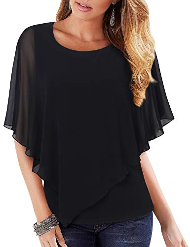 Vafoly Damen Sommer Chiffon Bluse 3/4 arm Bluse Fließend Leicht Doppelt Geschichtet Abendgarderobe Business Freizeitkleidung Täglich Weich und Bequem Schmeichelnde Bluse Schwarz XXL von Vafoly