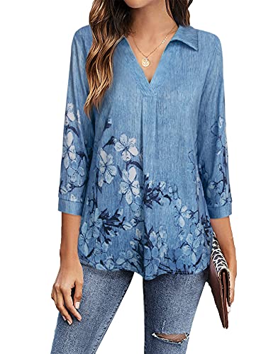 Vafoly Damen Tunika Elegant 3/4 Ärmel Tunika Shirt Top Damen Long Bügelfrei Business Oversize Damenoberteile Frauen Hemd V Neck Sommer Freizeit Lose Arbeit Schickes Women Oberteil Mode Blaue Blumen XL von Vafoly