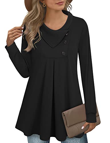 Vafoly Damen Tunika Tops für Leggings, Damen Pullover Langarm Button Down Dressy Blusen Shirts Rundhalsausschnitt Niedlich Strick Winter Sweatshirts Swing Business Freizeit Kleidung Schwarz XL von Vafoly