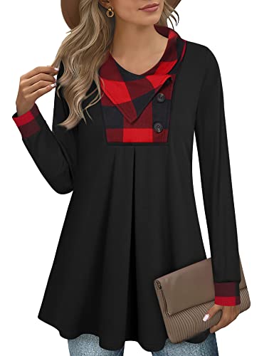 Vafoly Damen Tuniken zu Tragen mit Leggings, Langarm Damen Sweatshirts Button Cowl Neck Tunika Leichtes Color Block Sweatshirt Winter Tunika Tops für Weihnachten Schwarz Rot XL von Vafoly