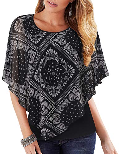 Vafoly Damenblusen und Tops Elegant Fledermaus ärmel Rundhals Lockere Blusen Doppellagig Bedruckter Chiffon Poncho Bluse Top Schmeichelnd Business Casual Mode Elegant Modlily Top Schwarz Weiß M von Vafoly