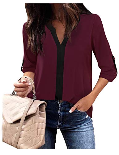 Vafoly Oberteile für Frauen Arbeit Lässig Stilvolle V-Ausschnitt Farbblock Manschettenärmel Blusen Hemden Oberteile Pullover Dunkelrot,X-Large von Vafoly