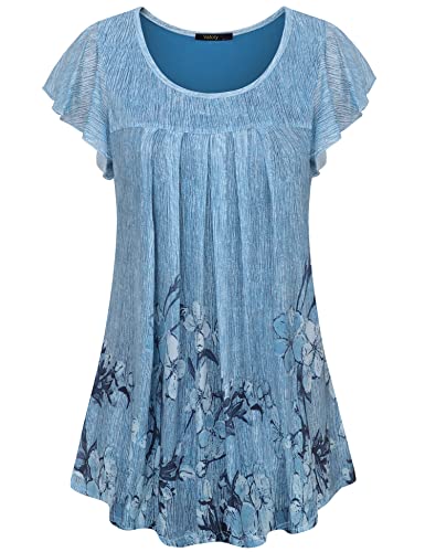 Vafoly Sommer Oberteile Frauen, Frauen Sommer Kurzarmshirt Kleiden Lang Größe Größen Oberteile Hübsch Klassisch Weich Tops mit Faltensaum Freizeit Arbeit Tunika Shirt Blaue Blumen 3XL von Vafoly