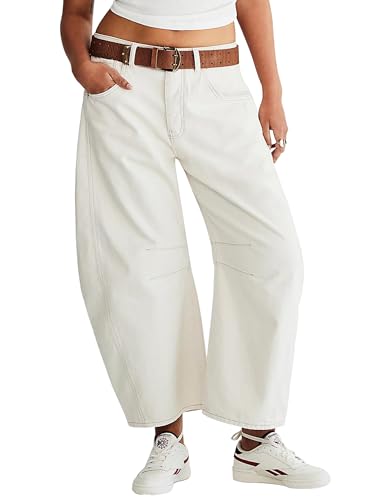 VAGDIGO Damen Barrel Jeans Mid Rise Loose Jeans Baggy Ankle Denim Pants, A# Weiß, 38 von VAGDIGO