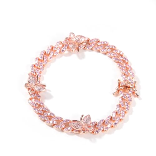 VAKTWPDLY 18K Gold überzogene Schmetterling Armband Fußkettchen 9mm Breite kubanische Link Kette Iced Out Bling Kette Kristall Strass Manschette Brautarmband für Frauen Hip Hop Rapper von VAKTWPDLY