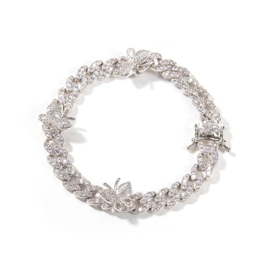 VAKTWPDLY 18K Gold überzogene Schmetterling Armband Fußkettchen 9mm Breite kubanische Link Kette Iced Out Bling Kette Kristall Strass Manschette Brautarmband für Frauen Hip Hop Rapper von VAKTWPDLY