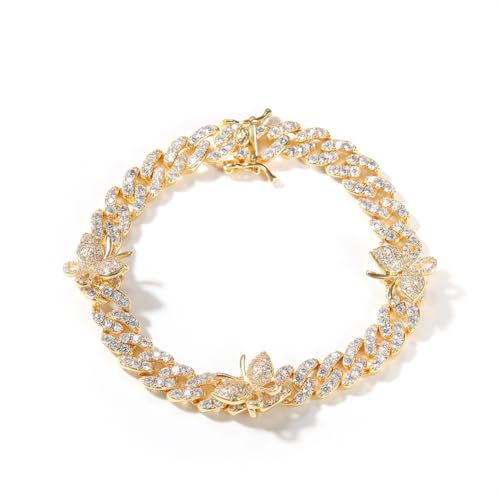 VAKTWPDLY 18K Gold überzogene Schmetterling Armband Fußkettchen 9mm Breite kubanische Link Kette Iced Out Bling Kette Kristall Strass Manschette Brautarmband für Frauen Hip Hop Rapper von VAKTWPDLY