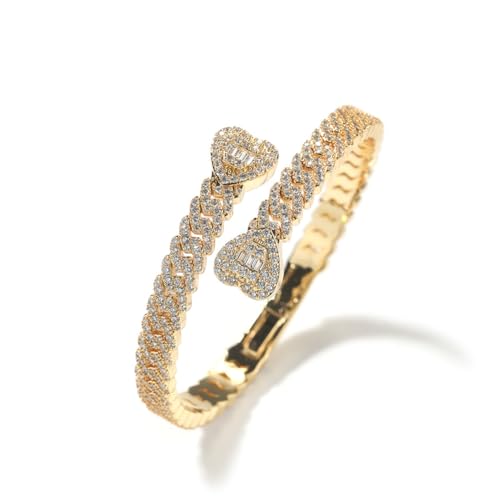 VAKTWPDLY 7 Zoll voll gepflasterte 5A Cubic Zirkonia Iced Out kubanische Kette Doppel Herz geformte offene Armreif für Frauen, 18K Gold überzogene Hip Hop Armreif Herz Manschette Armband für Männer von VAKTWPDLY