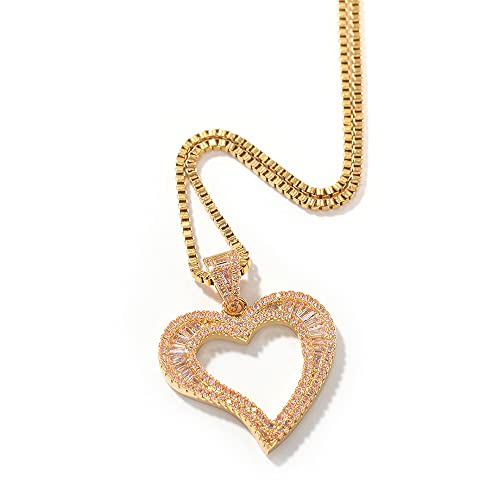 VAKTWPDLY Iced Out Heart Anhänger Kette Halskette voll gepflastert Cubic Zirconia Hollow Out Heart Shape Anhänger 18K Gold plissiert Liebe Anhänger Charme Hip Hop Schmuck für Männer Frauen von VAKTWPDLY