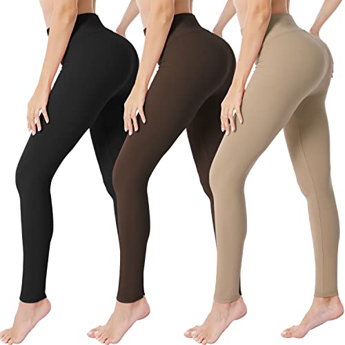 VALANDY Damen-Leggings mit hoher Taille, butterweich, dehnbar, Bauchkontrolle, Workout, Fitnessstudio, Yoga, schmale Strumpfhose, normale und große Größen, 3 Paar Schwarz/Braun/Khaki, XXL von VALANDY