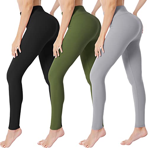 VALANDY Damen-Leggings mit hoher Taille, butterweich, dehnbar, Bauchkontrolle, Workout, Fitnessstudio, Yoga, schmale Strumpfhose, reguläre und Übergröße, 3 Paar, Schwarz/Oliv/Hellgrau, XXL von VALANDY