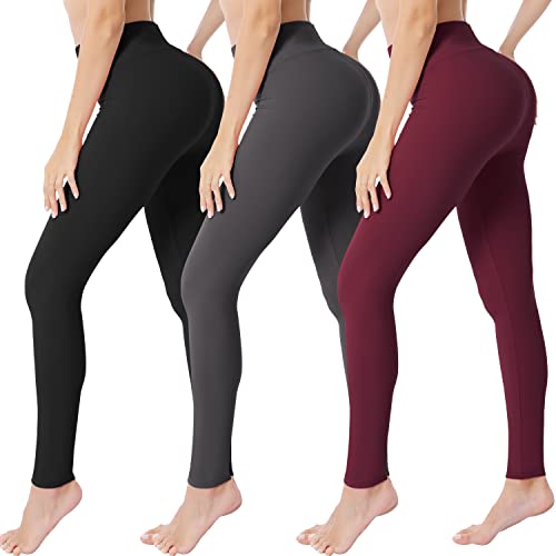 VALANDY Damen Leggings mit hoher Taille, butterweich, dehnbar, Bauchkontrolle, Workout, Fitnessstudio, Yogahose, schmale Strumpfhose, 3 Paar Schwarz/Dunkelgrau/Burgunderrot, S-M von VALANDY