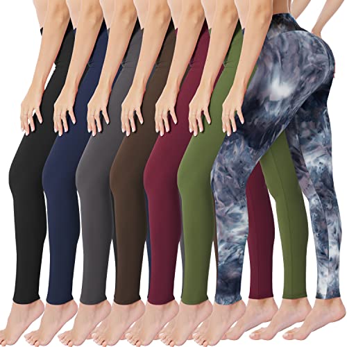 VALANDY Leggings mit hoher Taille für Damen, butterig, weich, dehnbar, Bauchkontrolle, Workout, Yoga, Laufhose, Einheitsgröße und Übergröße, Schwarz/Marineblau/Dunkelgrau/Braun/Burgunderrot/Olive/Grau Tie-Dye, 7 Packungen, S/M von VALANDY