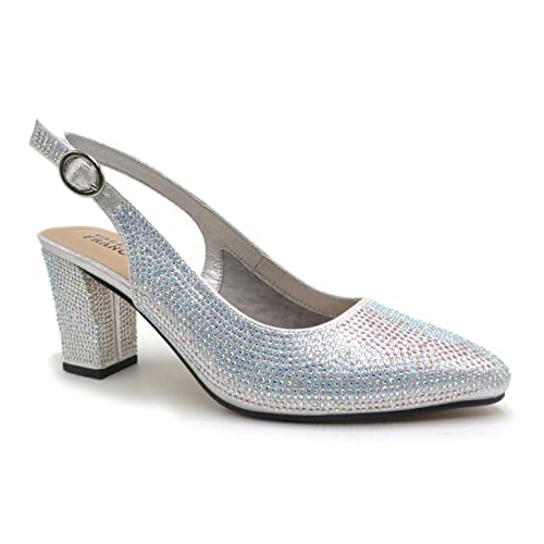 VALENTI FRANCO Damen Pumps mit spitzem Zehenbereich, Blockabsatz, Strass, Slingback-Sandalen, elegante Schuhe, Silberfarbene Strasssteine, 38.5 EU VALENTI FRANCO Damen Pumps mit spitzem Zehenbereich, Blockabsatz, Strass, Slingback-Sandalen, elegante Schuhe, Silberfarbene Strasssteine, 38.5 EU von VALENTI FRANCO