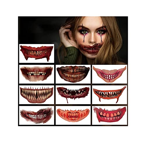 10er Pack Halloween Tattoos temporäre Gesichtstattoos Horror Mund Tattoos Aufkleber Temporäre Halloweenkostüm Gruselparty Zubehör Halloween Mund Tattoo Halloween Kostüm Damen Herren von VALICLUD