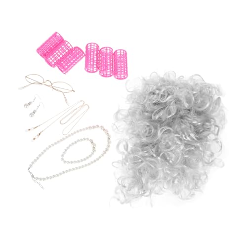 VALICLUD 1 Set Graue Oma-perücke Mit Lockenwicklern, Altes Damenkostüm-set Für Damen, Inklusive Brille Und Kette Für Halloween Und Cosplay von VALICLUD