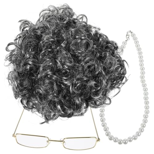VALICLUD Perücke Großmutter Cosplay Party Requisiten Brille Kette Kurz Lockig Alt Damen Bühne Performance Zubehör von VALICLUD