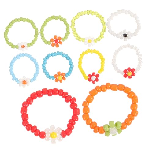 VALICLUD 10 Stück Teiliges Bunte Perlenringe Damen mit Blumenmotiv Elastisch Handgefertigt Modeschmuck für Mädchen und Farbenfrohe Schmuckringe Komfortabel zu Tragen von VALICLUD