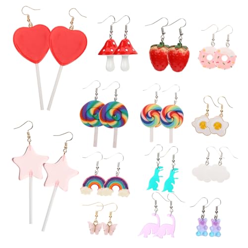 VALICLUD 14 Paare Lustige Ohrringe Set mit Niedlichen Resin Tropfen Dinosaurier und Lutscher Anhängern Leichte Dangle Schmuck für Frauen und Mädchen Vielseitig Kombinierbar für Alltag und von VALICLUD