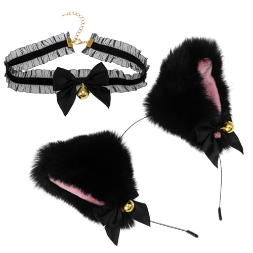VALICLUD 1Satz Katzenohren Haarreif und Halskette Set für Cosplay Einzigartiger Party Kopfschmuck mit Glöckchen und Schwarzem Rüschenkragen für Karneval und Kostümpartys von VALICLUD