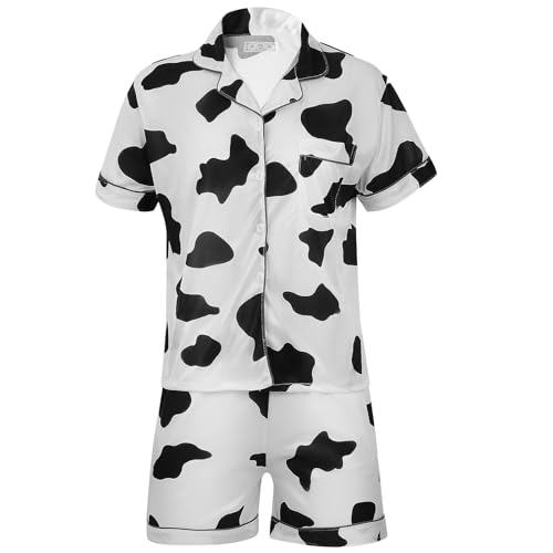 VALICLUD 1satz Damen Pyjama Set Aus Baumwolle Mit Kurzem Ärmel Und Shorts Süßes Kuhmuster Lässige Sommer-hausmode Zwei-teiliges Set Für Drinnen Und Draußen Weiß-schwarz von VALICLUD