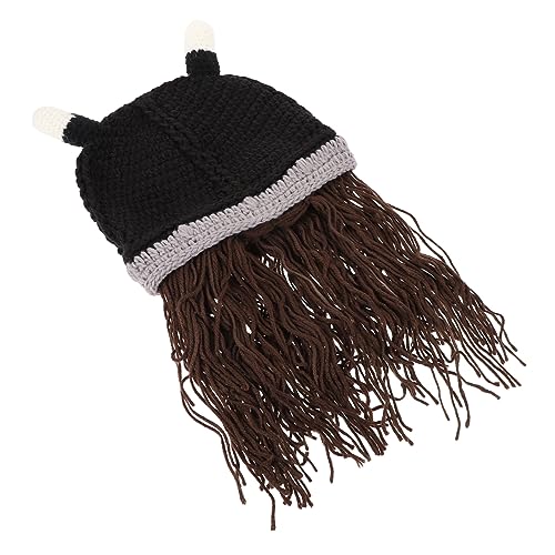 VALICLUD 1stk Bärtiger Hut Bart Wikingerhut Ochsenhornhelm Geflochtene Perückenkappe Bart Wikingerhelm Strickmütze Bart Gesichtsmaske Beanie-mütze Wilde Männer Perückenkappe Brown Garn von VALICLUD