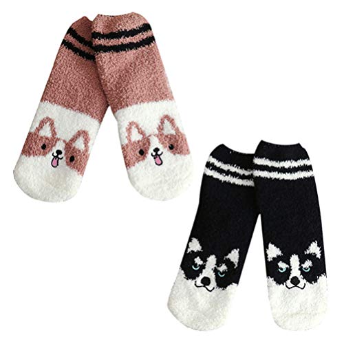 VALICLUD 2 Paar Korallenvlies Wintersocken Corgi Und Husky Muster Socken Weihnachten Tier Flauschige Socken Indoor Slipper Socken Halten Warme Bodenstrümpfe 25 × 8Cm von VALICLUD