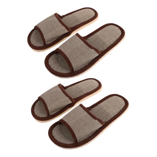 VALICLUD 2 Paare Sommer Hausschuhe Damen Herren Rutschfest EVA Sohle Leichte Baumwolle Leinen Pantoffeln für Hotel und Zuhause Tiefes Kaffeebraun Atmungsaktiv Offen Empfohlen von VALICLUD
