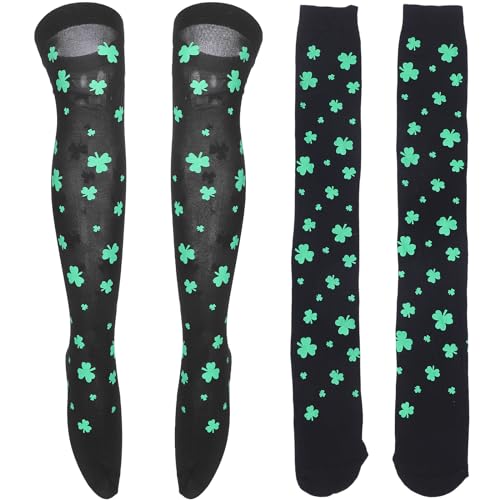 VALICLUD 2 Paare St. Patricks Tag über Kniestrümpfe Irish Shamrock Bein Strümpfe Glück Klee Socken St Patricks Tag Phantasie Kobold Kleid Kostüm für Frauen Mädchen Schwarz von VALICLUD