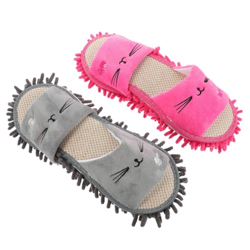 VALICLUD 2 Paare Wiederverwendbare Wischmopp hausschuhe mit Chenille sohle Waschbare Praktische Reinigungsslipper für Zuhause Rutschfeste Cartoon wischpantoffeln Rosa Angenehm und Leise von VALICLUD
